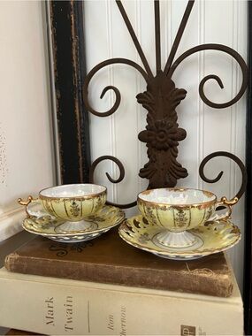 Royal Sealy Vintage Yellow Lusterware Footed Teacup and Reticulated Saucer Sets